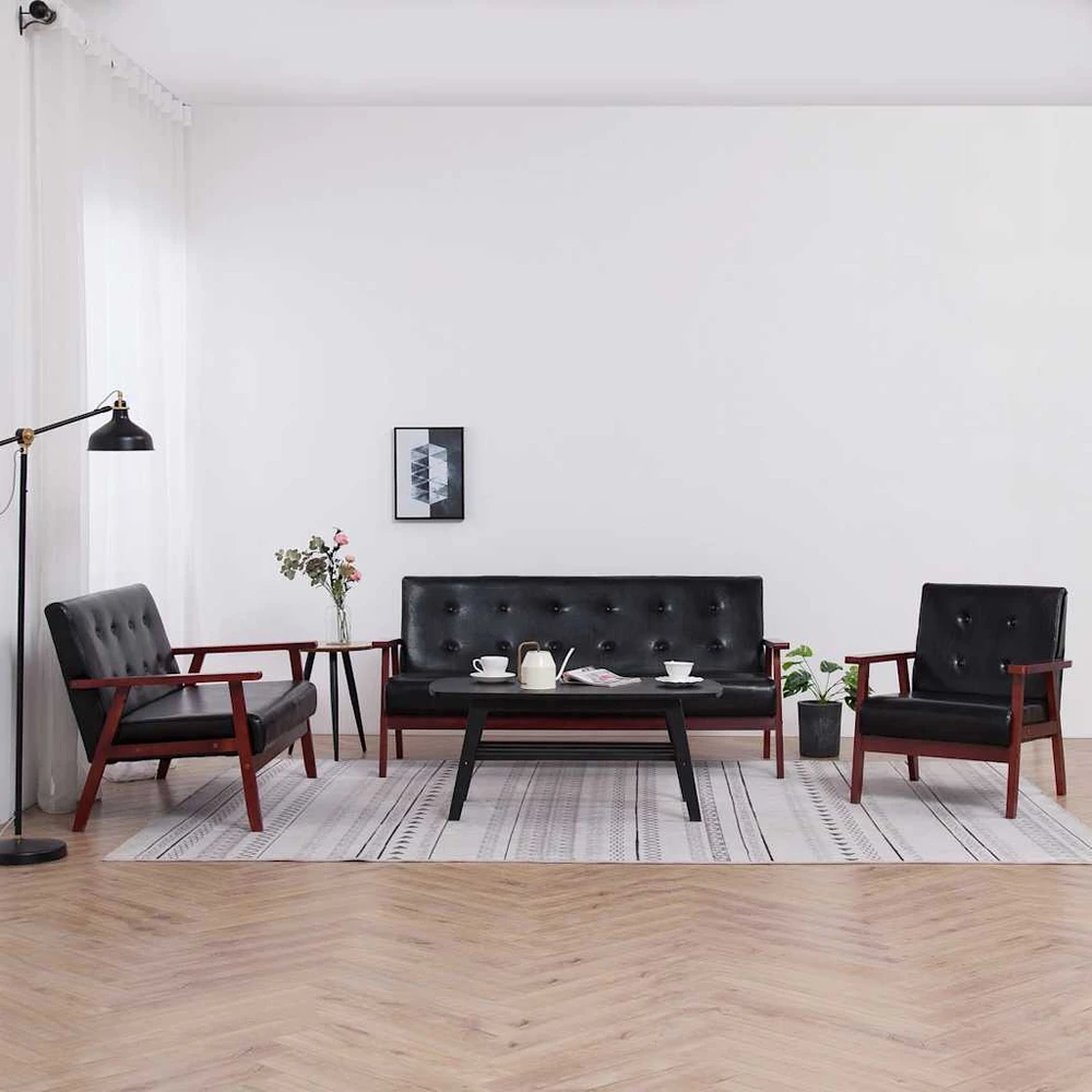 Sofa Sofos komplektas, 3 dalių, juodos spalvos, dirbtinė oda