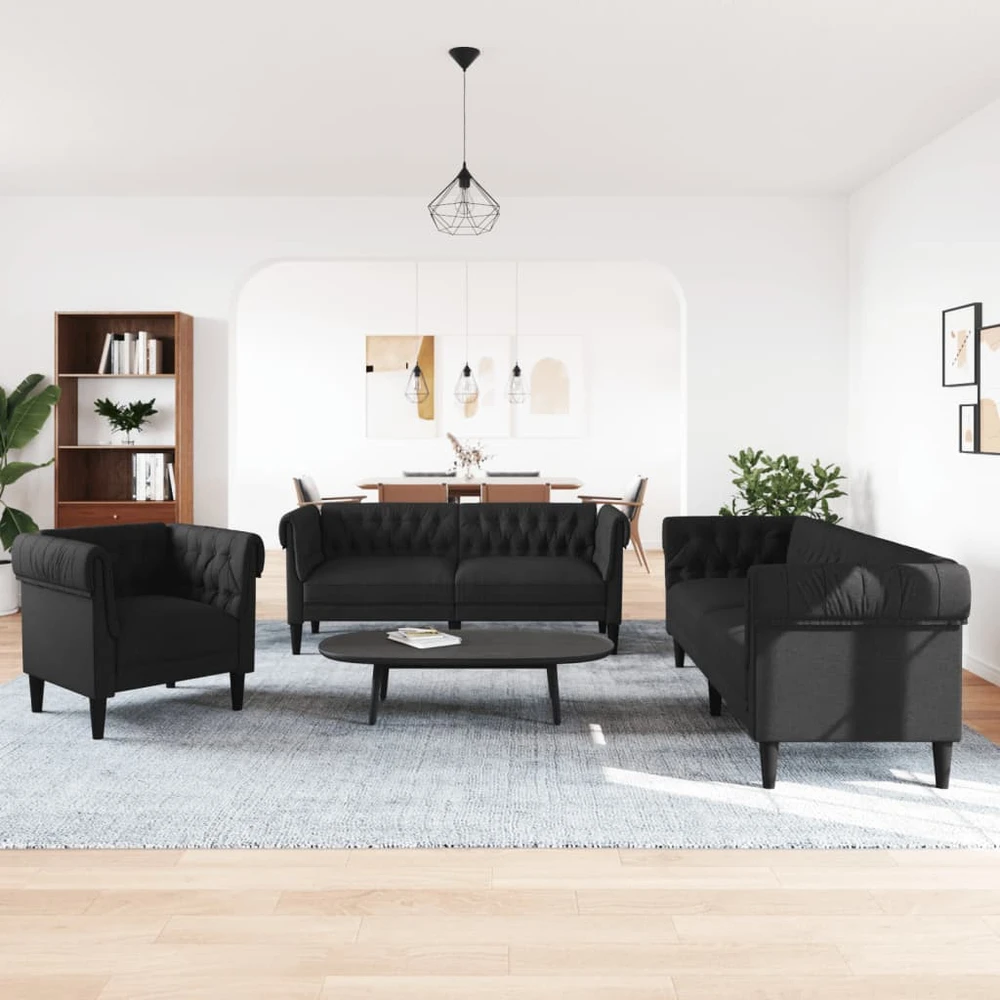 Sofa Sofos komplektas, 3 dalių, juodos spalvos, audinys