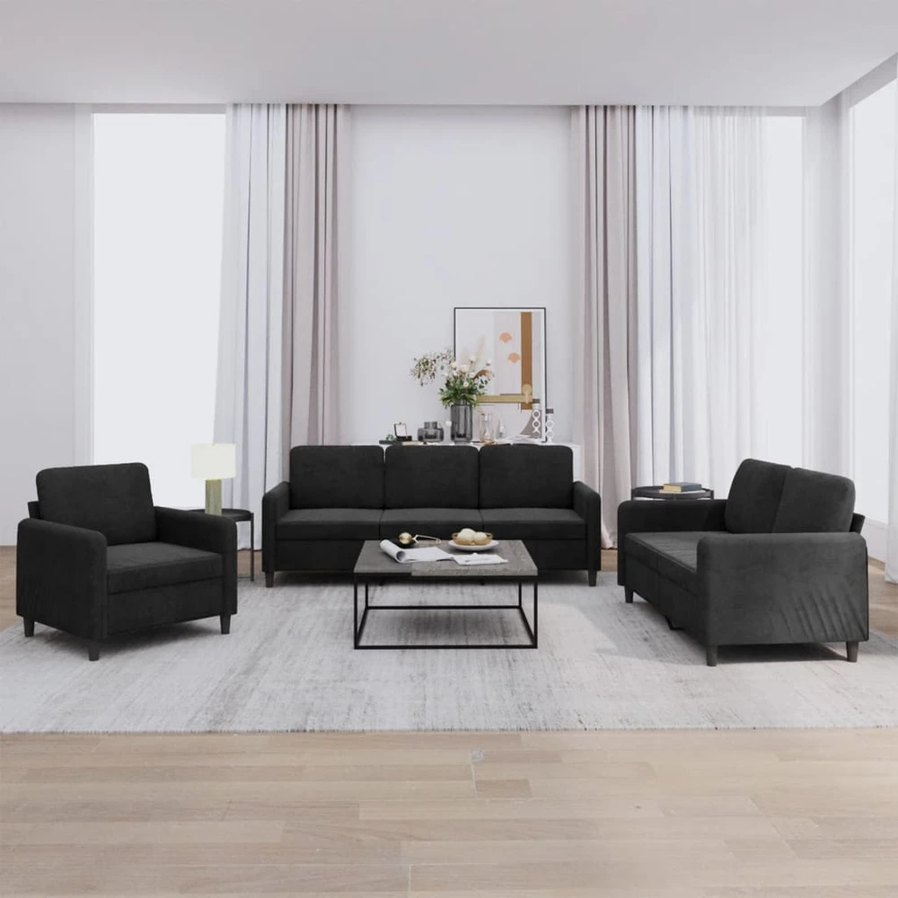Sofa Sofos komplektas, 3 dalių, juodos spalvos, aksomas