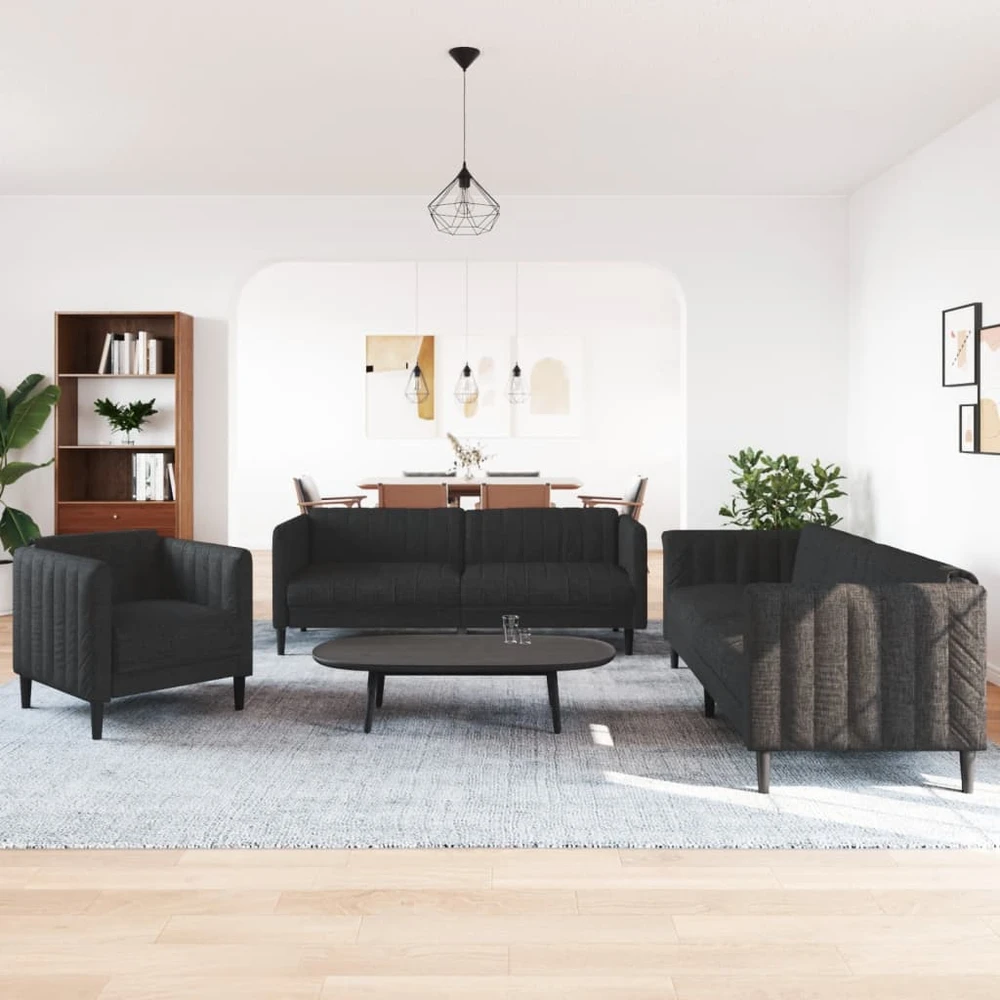 Sofa Sofos komplektas, 3 dalių, juodos spalvos, audinys