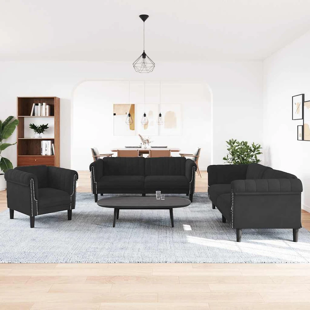 Sofa Sofos komplektas, 3 dalių, juodos spalvos, aksomas