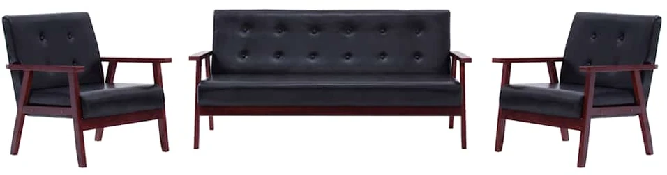 Sofa Sofos komplektas, 3 dalių, juodos spalvos, dirbtinė oda