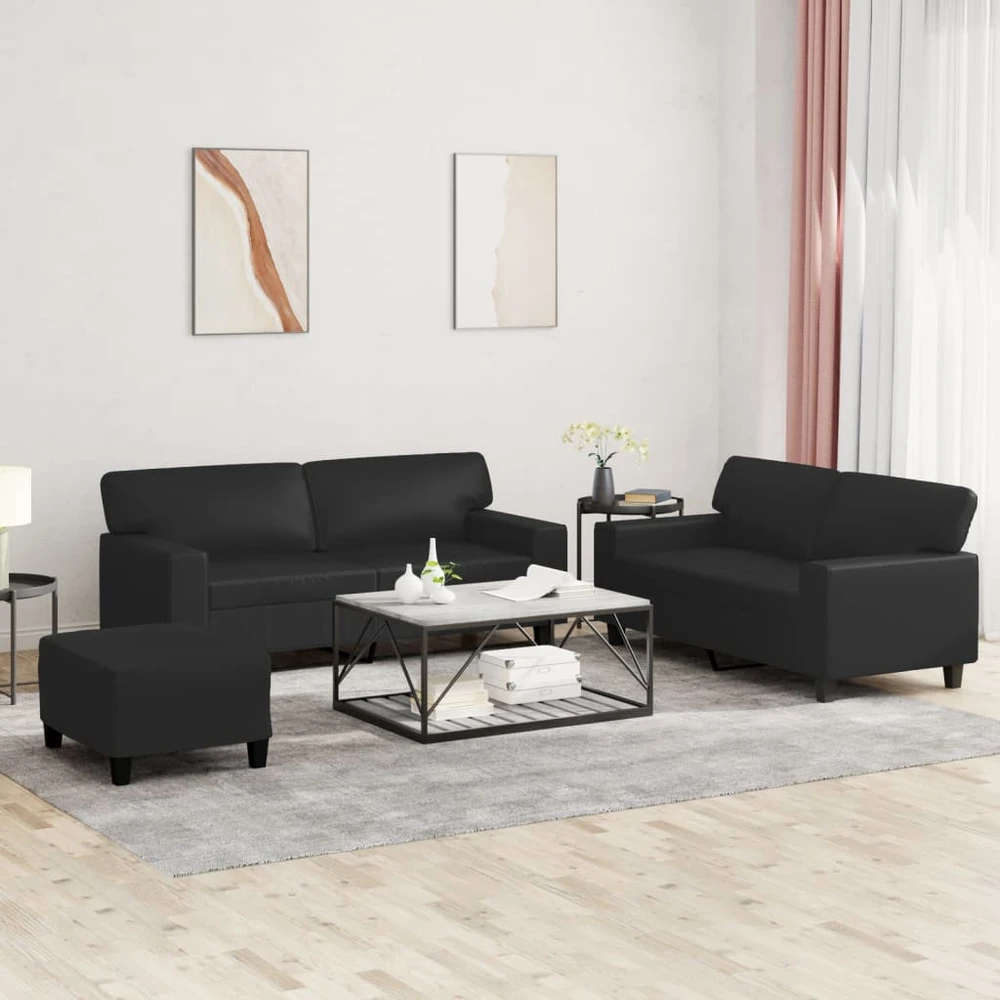 Sofa Sofos komplektas, 3 dalių, juodos spalvos, dirbtinė oda