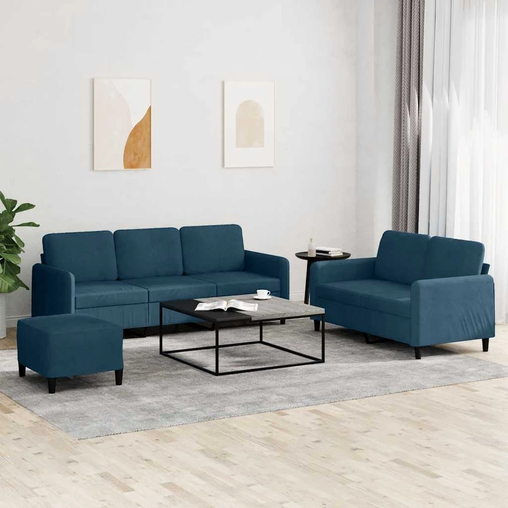 Sofa Sofos komplektas, 3 dalių, mėlynos spalvos, aksomas