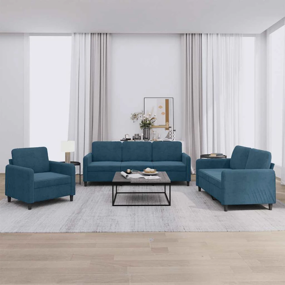 Sofa Sofos komplektas, 3 dalių, mėlynos spalvos, aksomas
