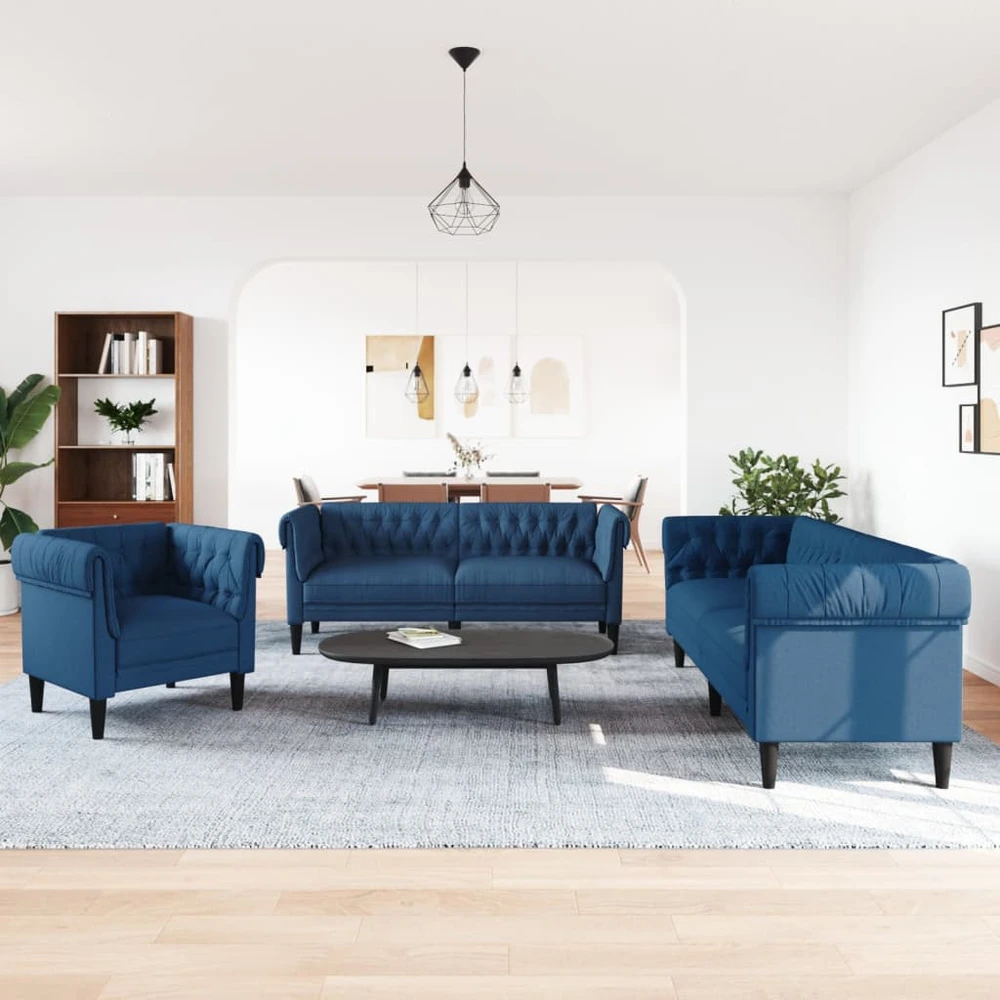 Sofa Sofos komplektas, 3 dalių, mėlynos spalvos, audinys