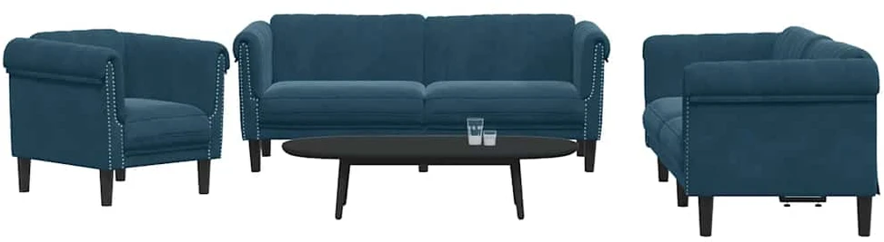 Sofa Sofos komplektas, 3 dalių, mėlynos spalvos, aksomas