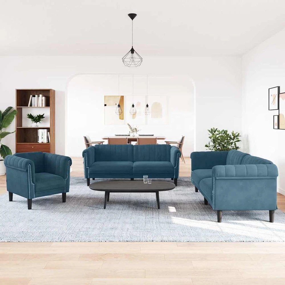 Sofa Sofos komplektas, 3 dalių, mėlynos spalvos, aksomas