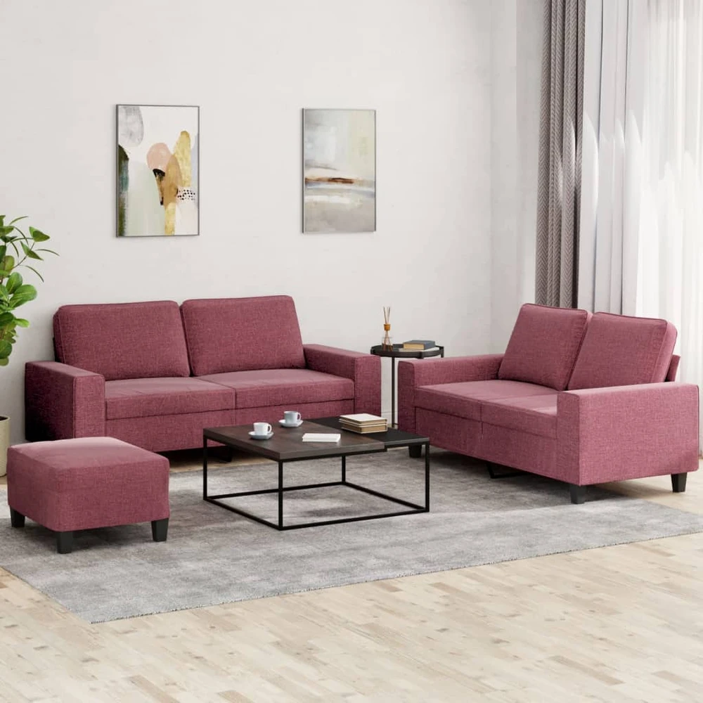 Sofa Sofos komplektas, 3 dalių, raudonojo vyno spalvos, audinys