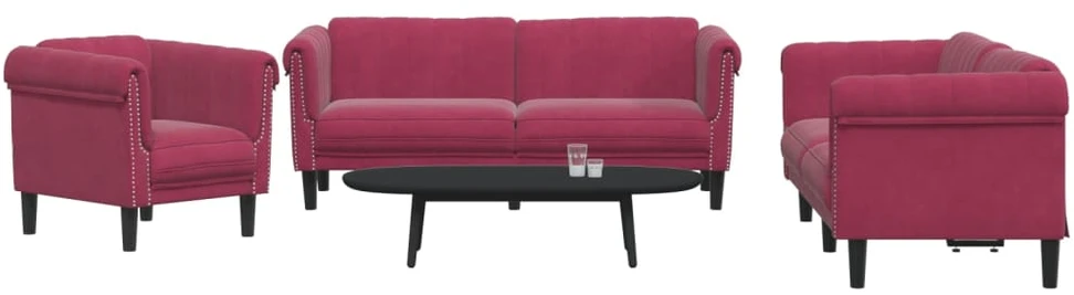 Sofa Sofos komplektas, 3 dalių, raudonojo vyno spalvos, aksomas