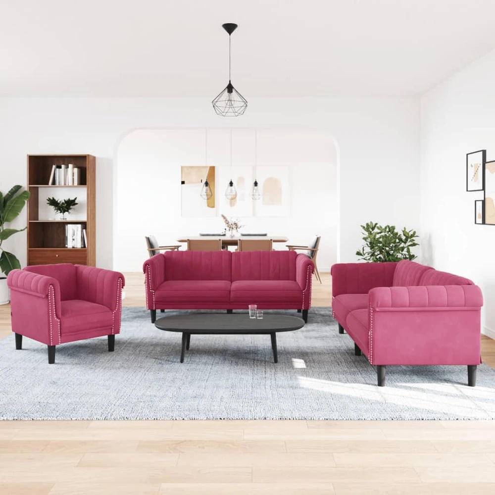 Sofa Sofos komplektas, 3 dalių, raudonojo vyno spalvos, aksomas