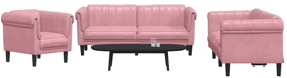 Sofa Sofos komplektas, 3 dalių, rožinės spalvos, aksomas