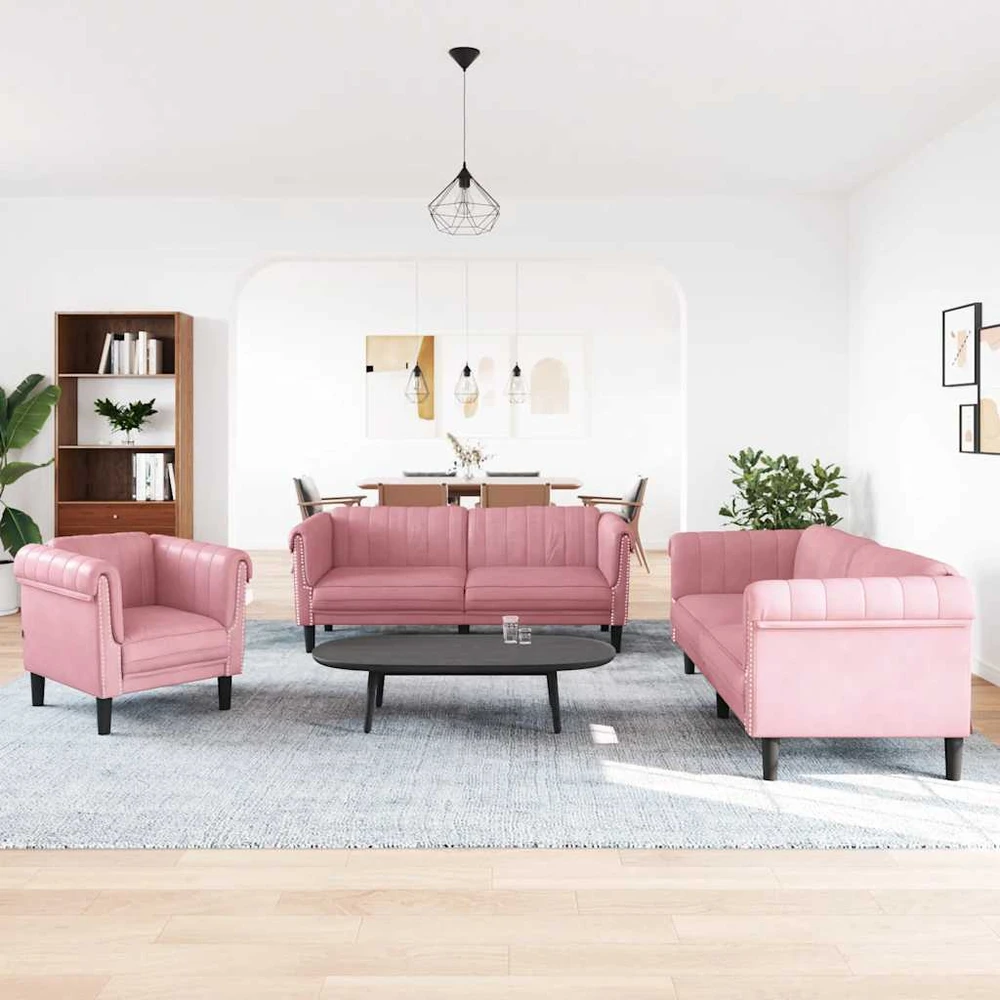 Sofa Sofos komplektas, 3 dalių, rožinės spalvos, aksomas