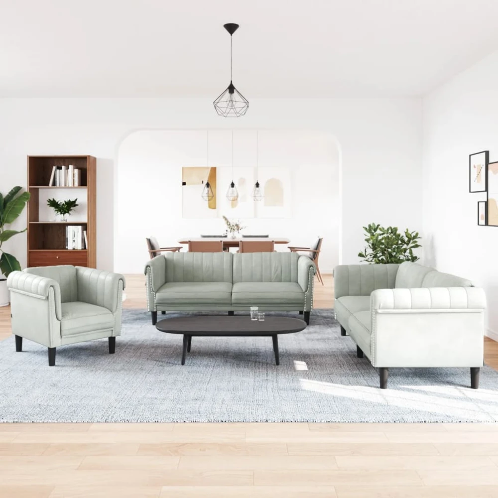 Sofa Sofos komplektas, 3 dalių, šviesiai pilkos spalvos, aksomas