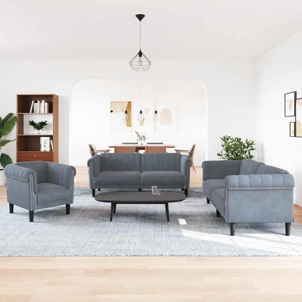 Sofa Sofos komplektas, 3 dalių, tamsiai pilkos spalvos, aksomas