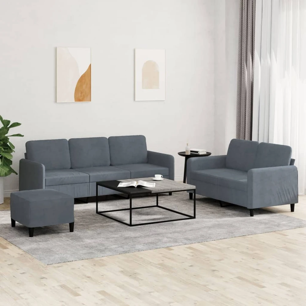 Sofa Sofos komplektas, 3 dalių, tamsiai pilkos spalvos, aksomas