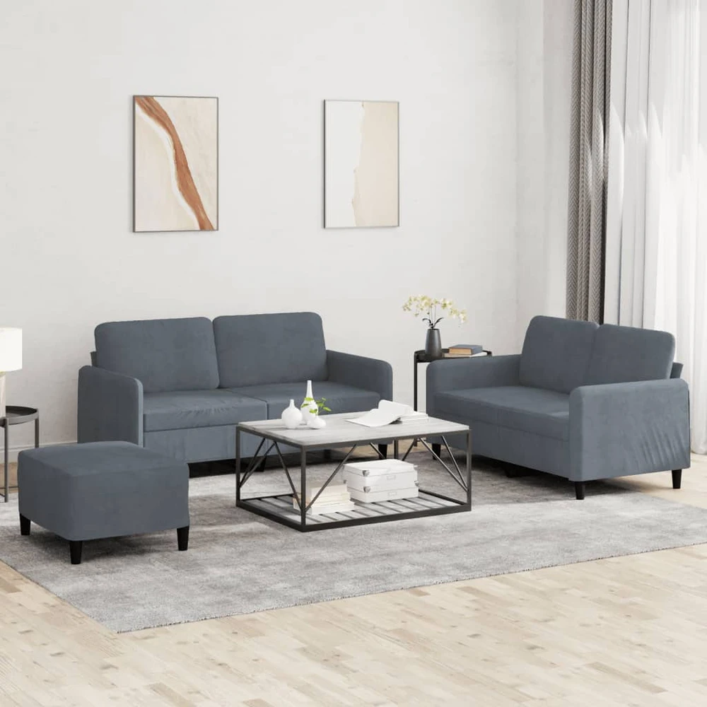 Sofa Sofos komplektas, 3 dalių, tamsiai pilkos spalvos, aksomas