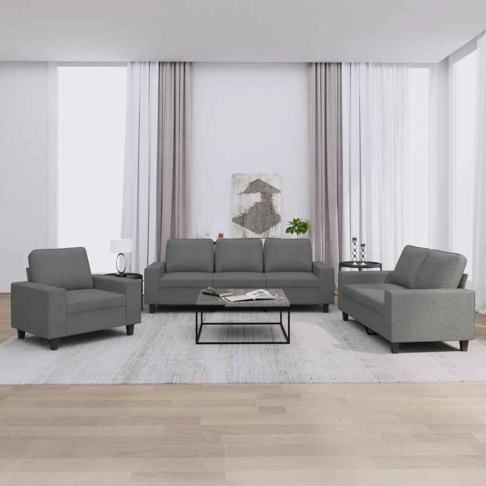 Sofa Sofos komplektas, 3 dalių, tamsiai pilkos spalvos, audinys