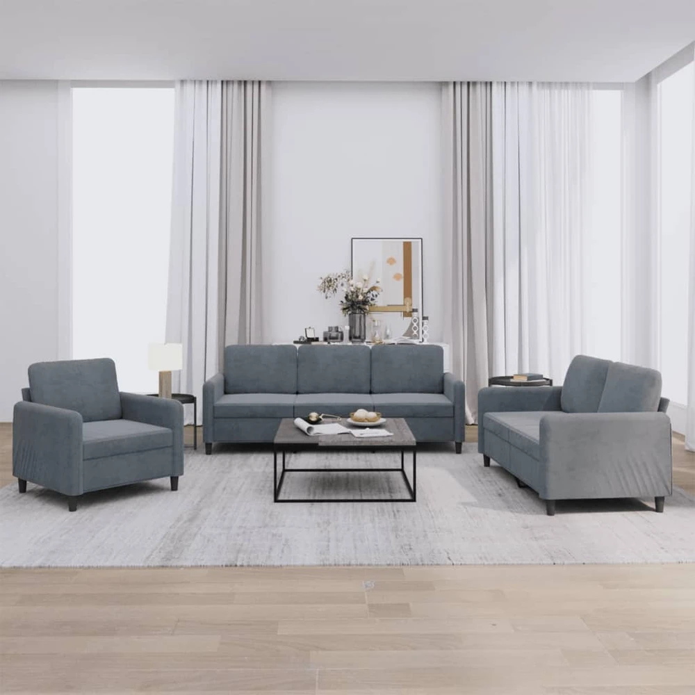 Sofa Sofos komplektas, 3 dalių, tamsiai pilkos spalvos, aksomas