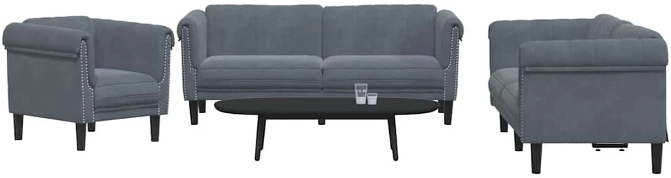Sofa Sofos komplektas, 3 dalių, tamsiai pilkos spalvos, aksomas