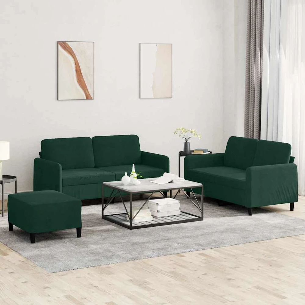 Sofa Sofos komplektas, 3 dalių, tamsiai žalios spalvos, aksomas