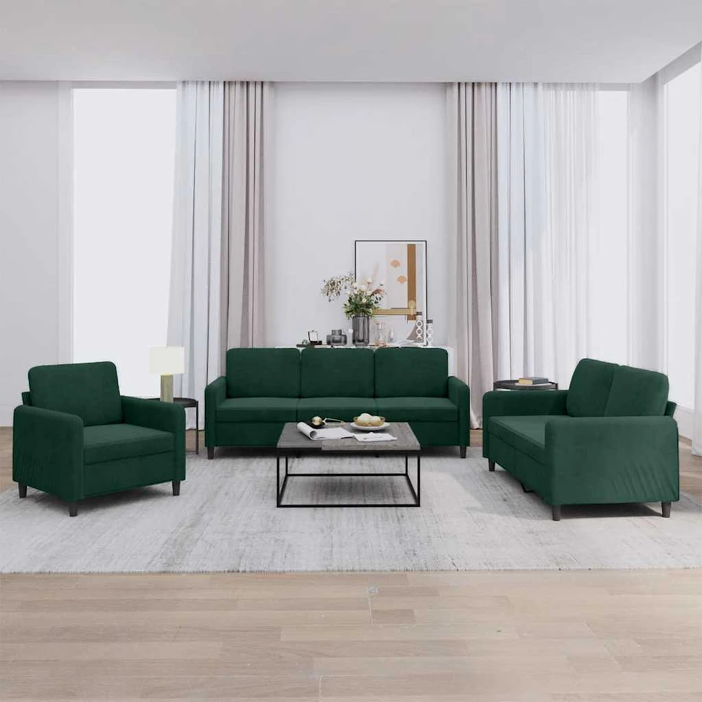 Sofa Sofos komplektas, 3 dalių, tamsiai žalios spalvos, aksomas