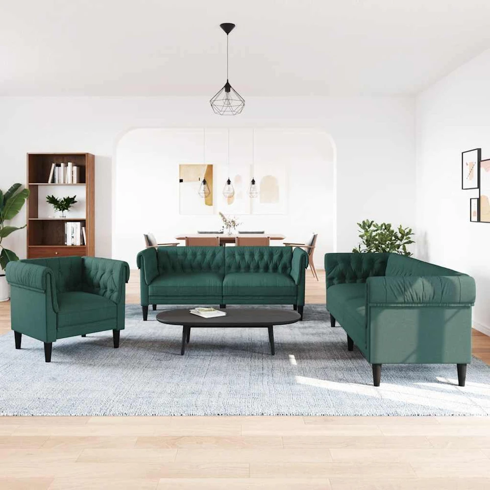 Sofa Sofos komplektas, 3 dalių, tamsiai žalios spalvos, audinys