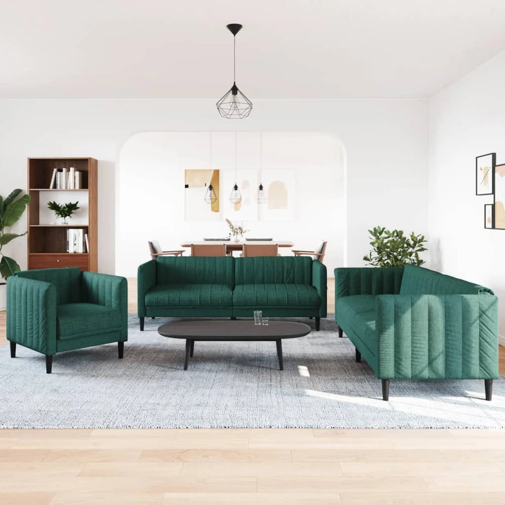 Sofa Sofos komplektas, 3 dalių, tamsiai žalios spalvos, audinys