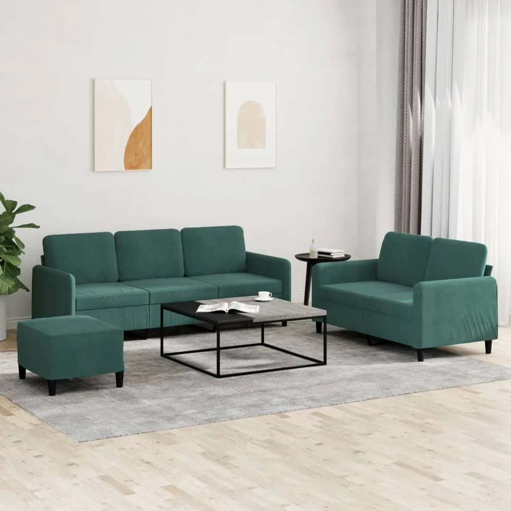 Sofa Sofos komplektas, 3 dalių, tamsiai žalios spalvos, aksomas