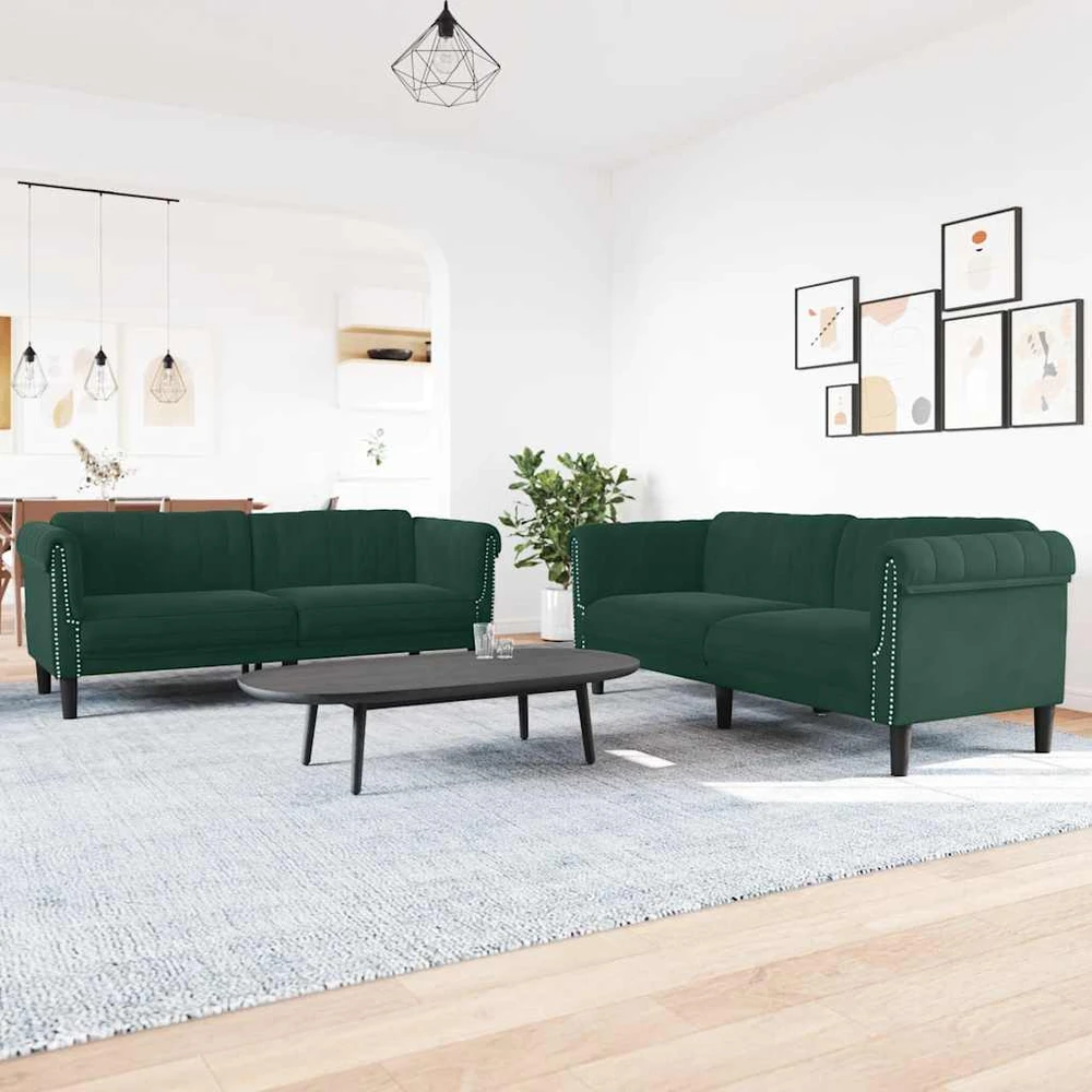 Sofa Sofos komplektas, 3 dalių, tamsiai žalios spalvos, aksomas