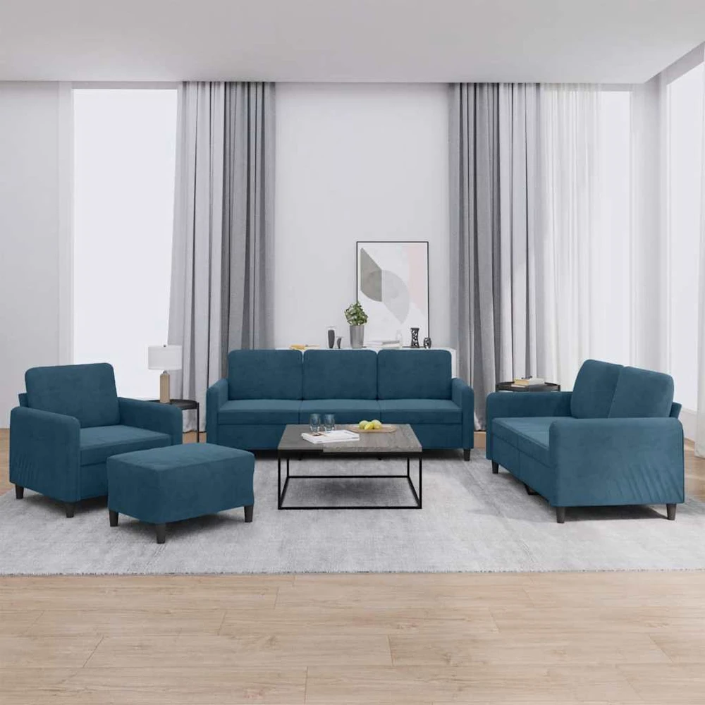 Sofa Sofos komplektas, 4 dalių, mėlynos spalvos, aksomas
