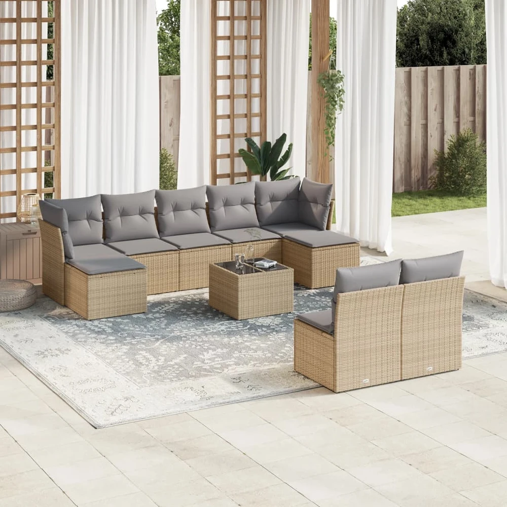 Sofa Sofos komplektas su pagalvėlėmis, 10 dalių, smėlio, poliratanas