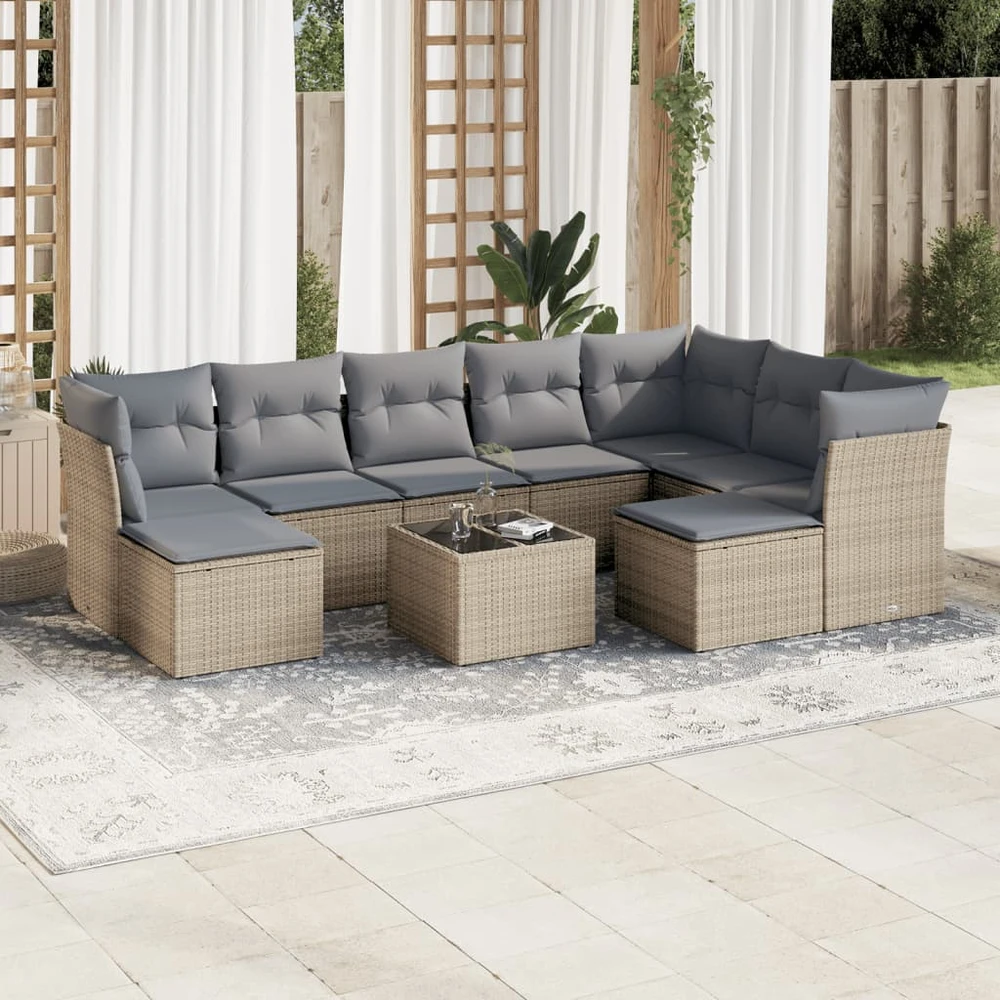 Sofa Sofos komplektas su pagalvėlėmis, 10 dalių, smėlio, poliratanas