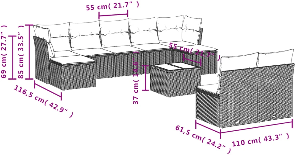 Sofa Sofos komplektas su pagalvėlėmis, 10 dalių, smėlio, poliratanas