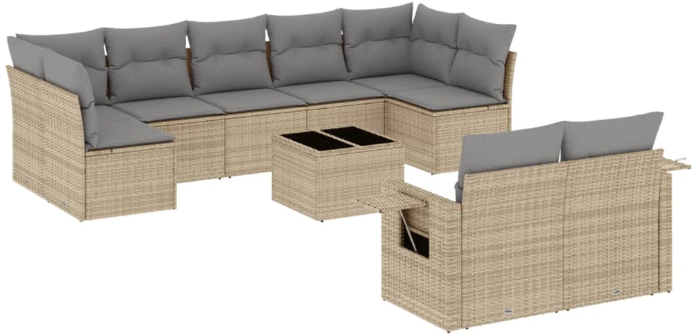 Sofa Sofos komplektas su pagalvėlėmis, 10 dalių, smėlio, poliratanas
