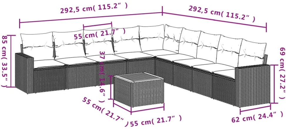 Sofa Sofos komplektas su pagalvėlėmis, 10 dalių, smėlio, poliratanas