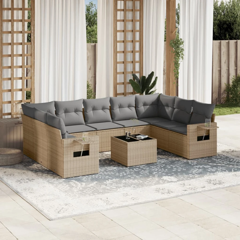 Sofa Sofos komplektas su pagalvėlėmis, 10 dalių, smėlio, poliratanas