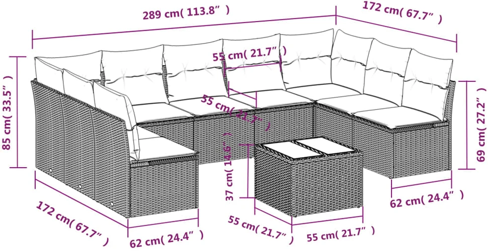 Sofa Sofos komplektas su pagalvėlėmis, 10 dalių, smėlio, poliratanas