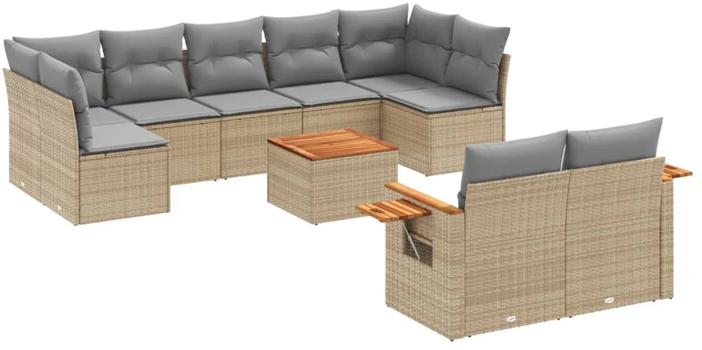 Sofa Sofos komplektas su pagalvėlėmis, 10 dalių, smėlio, poliratanas