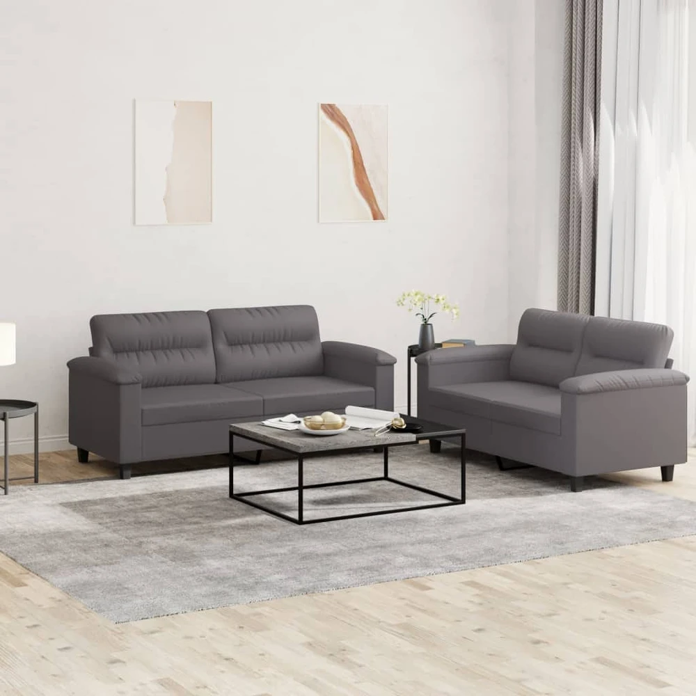 Sofa Sofos komplektas su pagalvėlėmis, 2 dalių, pilkas, dirbtinė oda