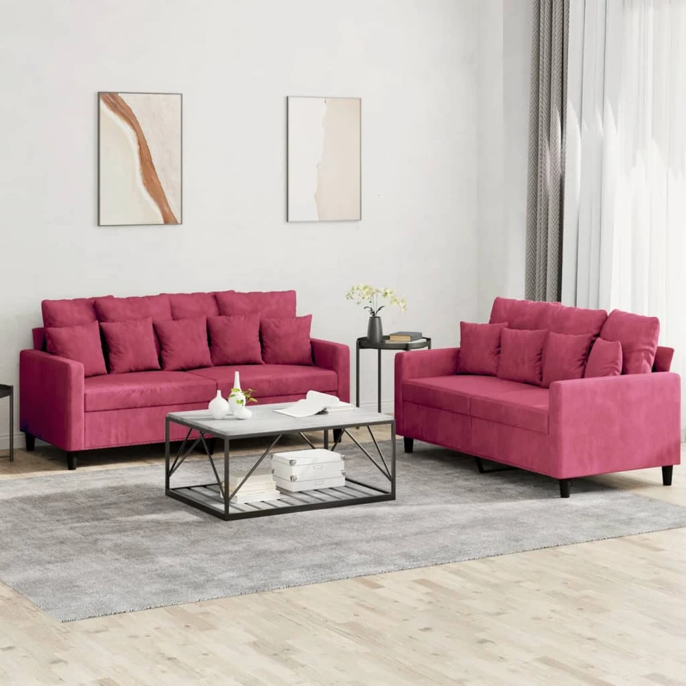 Sofa Sofos komplektas su pagalvėlėmis, 2 dalių, vyno, aksomas