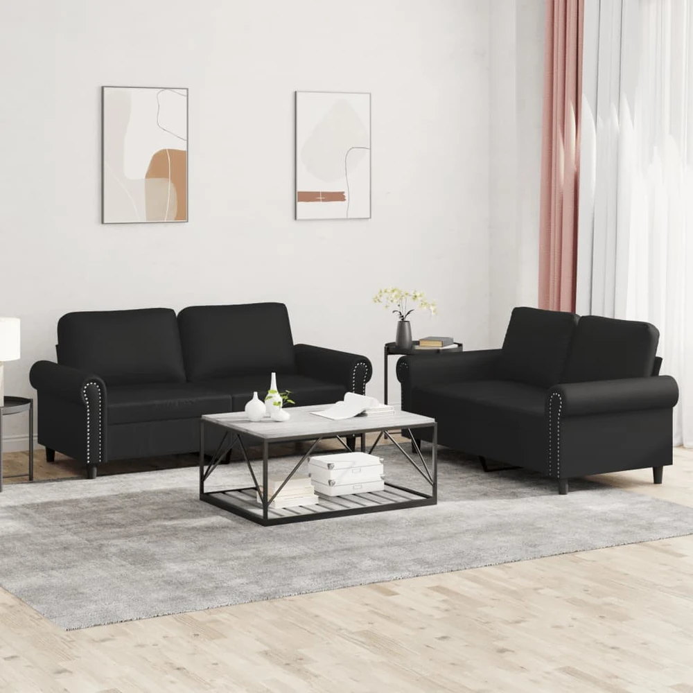 Sofa Sofos komplektas su pagalvėlėmis, 2 dalių, juodas, dirbtinė oda