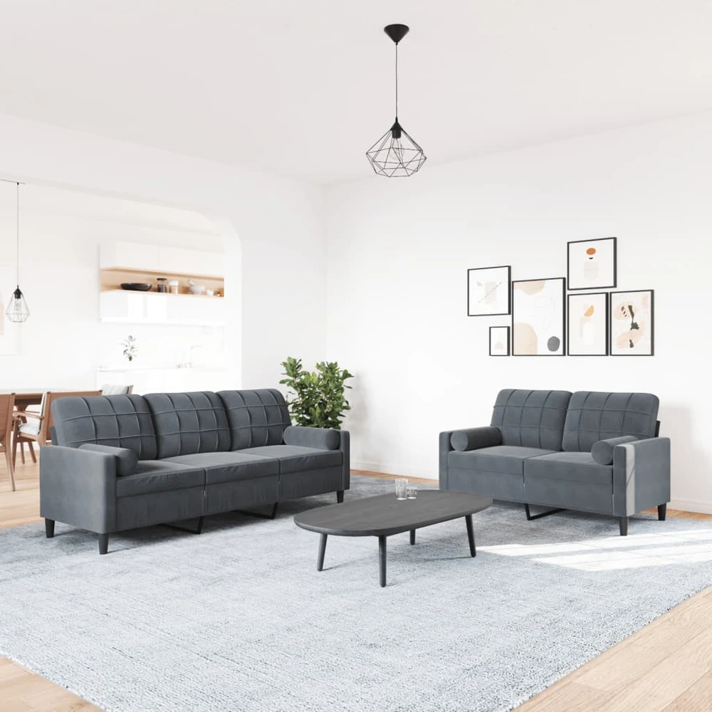 Sofa Sofos komplektas su pagalvėlėmis, 2 dalių, pilkas, aksomas