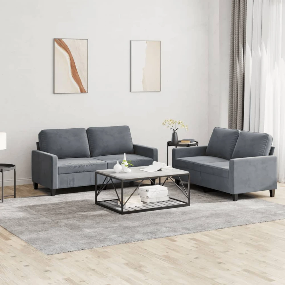 Sofa Sofos komplektas su pagalvėlėmis, 2 dalių, pilkas, aksomas