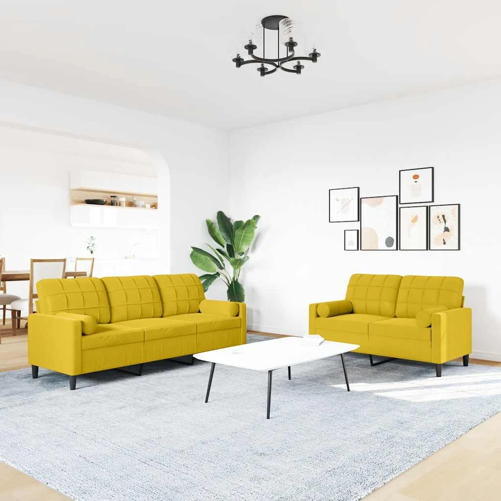 Sofa Sofos komplektas su pagalvėlėmis, 2 dalių, geltonas, aksomas