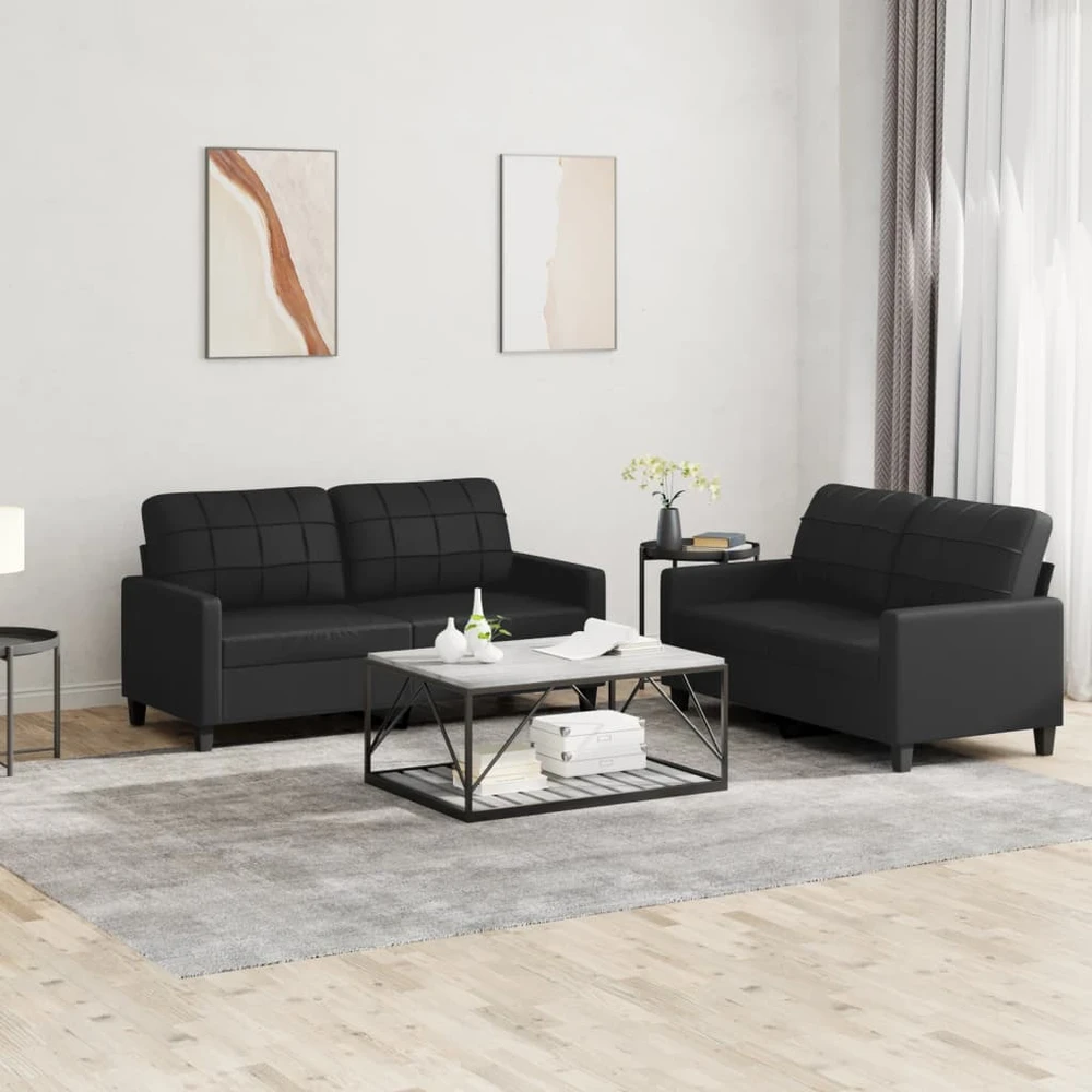 Sofa Sofos komplektas su pagalvėlėmis, 2 dalių, juodas, dirbtinė oda