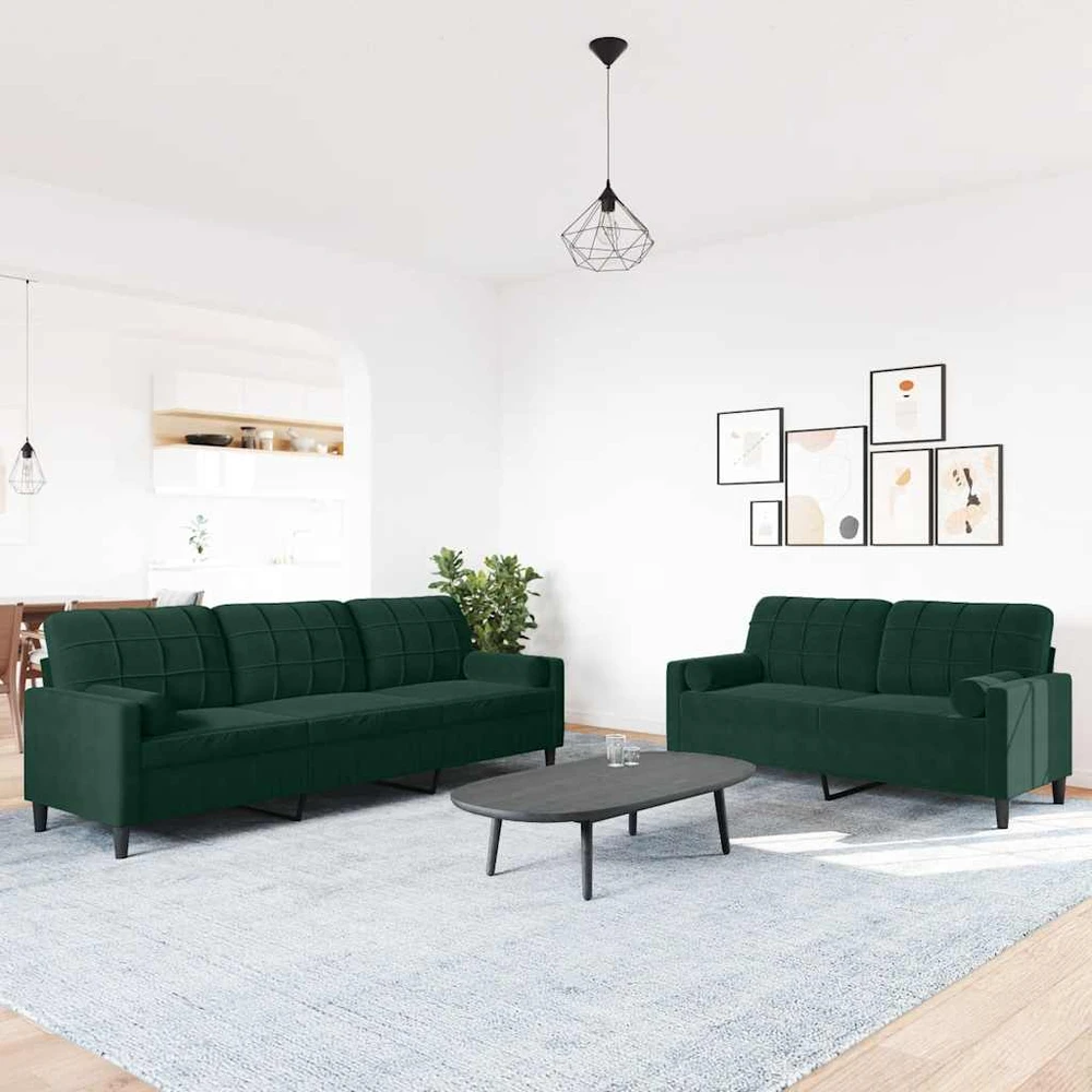 Sofa Sofos komplektas su pagalvėlėmis, 2 dalių, žalias, aksomas