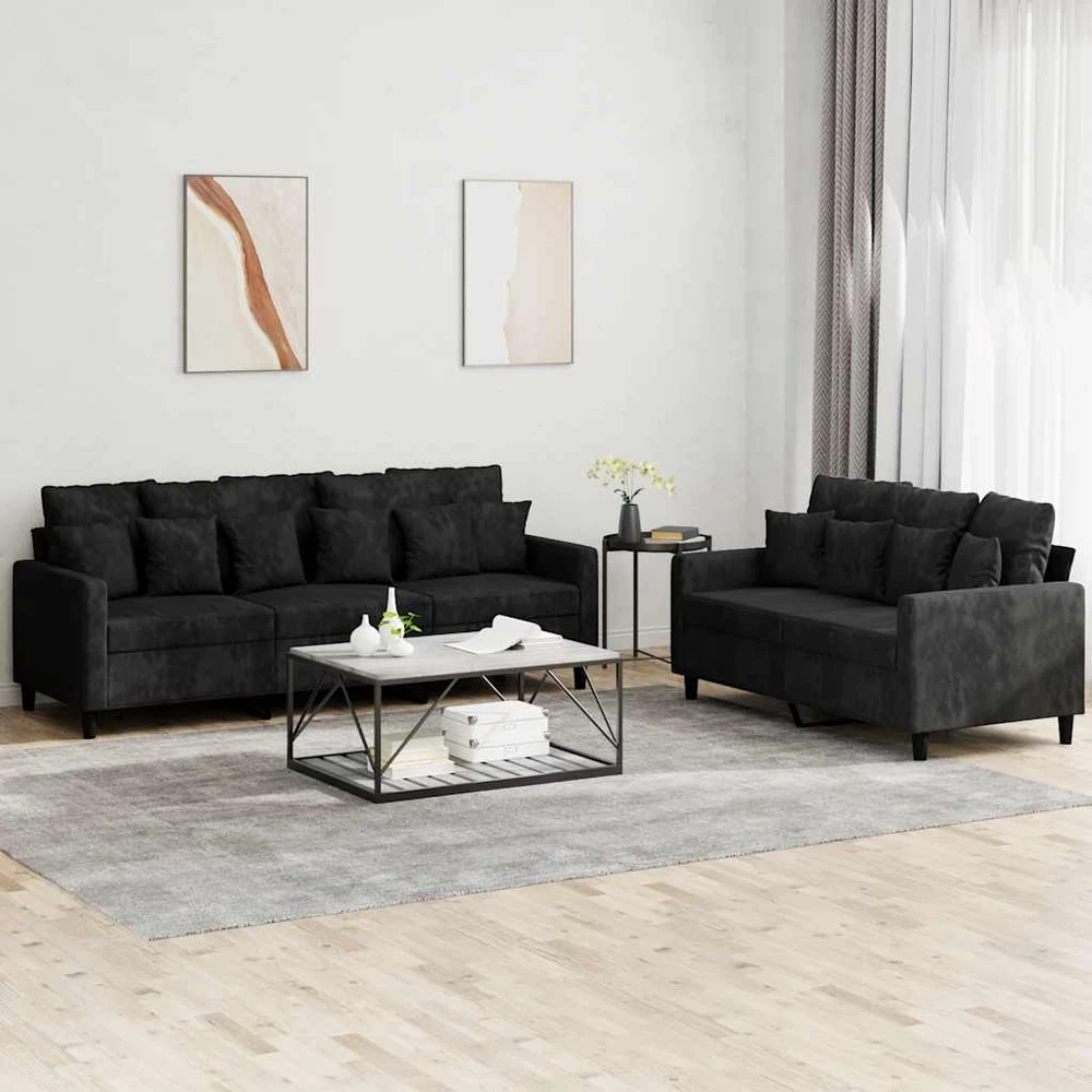 Sofa Sofos komplektas su pagalvėlėmis, 2 dalių, juodas, aksomas