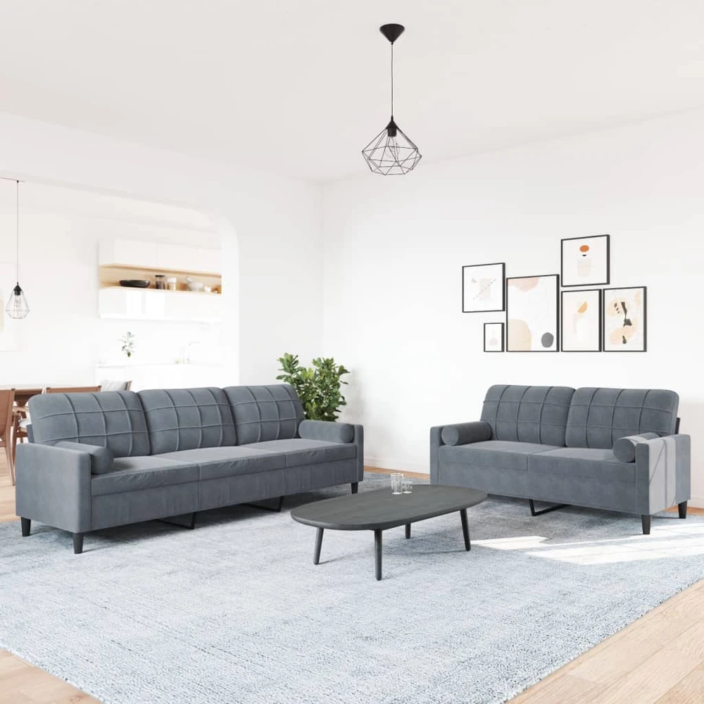 Sofa Sofos komplektas su pagalvėlėmis, 2 dalių, pilkas, aksomas