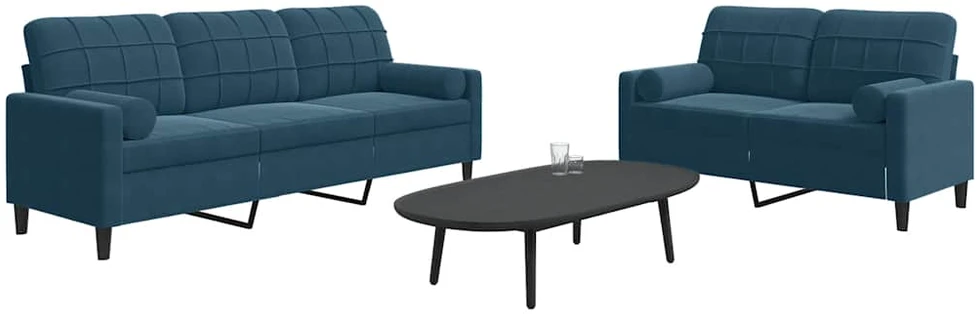 Sofa Sofos komplektas su pagalvėlėmis, 2 dalių, mėlynas, aksomas